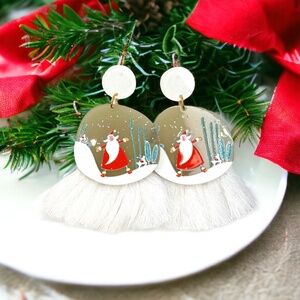 Festive Snowglobe Earrings - Santa Claus Christmas Drop Earrings with Fringe